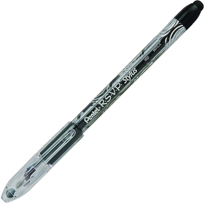 Pentel RSVP STYLUS Ballpoint Pen, Medium Line, Black Ink, Box of 12 (BK91L-A)