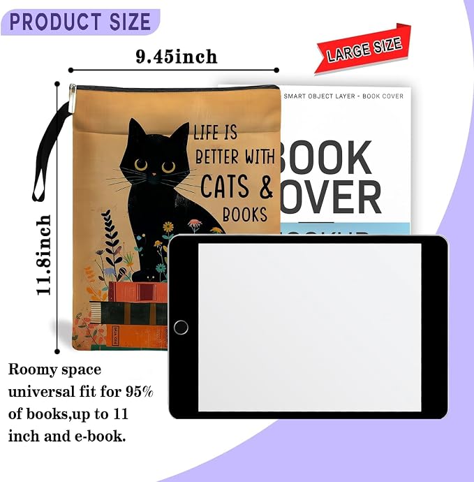 Cat Book Sleeve,Book Covers for Paperbacks,Book Sleeves with Zipper, Book Pouch Cat Lover Gifts,Cat Themed Gifts for Women Graduation Birthday (Black Cat 03, Large)