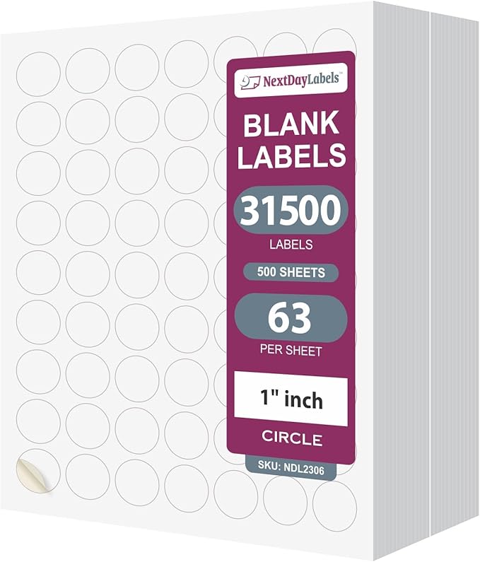 NextDayLabels 1 Inch Round Circle Stickers White Blank Labels for Laser Inkjet Printer - 63 Per Sheet Self-Adhesive Color Coding Organization Made in USA - 31,500 Labels
