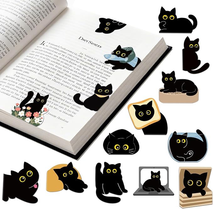 15Pack Cute Black Cat Bookmark Magnetic Bookmarks for Reading Women Men Kids Teacher Book Lovers Gifts, Unique Personalized Bookmarks Bulk Magnet Bookmark Clips Pretty Funny Novelty Page Book Markers