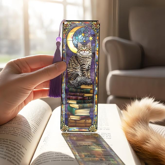 4 Pcs Fantasy Animal Bookmarks Gifts for Reading Women, Stained Glass Transparent PVC Book Marks with Tassels, Cute Black Cat Design Gift, Cool Book Accessories for Book Lovers Bookish
