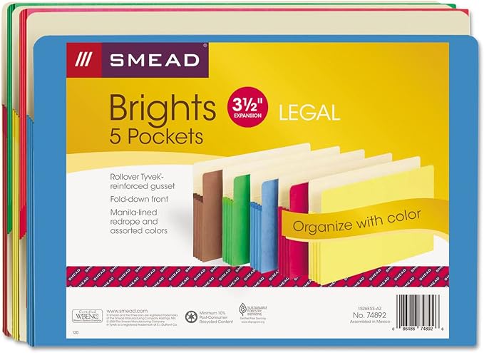 Smead File Pocket, Straight-Cut Tab, 3-1/2" Expansion, Legal Size, Assorted Colors, 5 per Pack (74892)