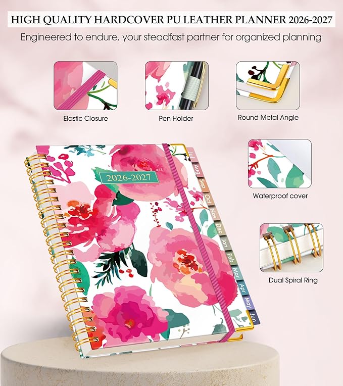 Academic Planner 2026-2027, Hardcover Leather Weekly and Monthly Calendar Planner from July 2026 - June 2027, A4 8.5" x 11" Daily Agenda with Tabs, College School Organizer for Student Teacher, Watercolor Blooms