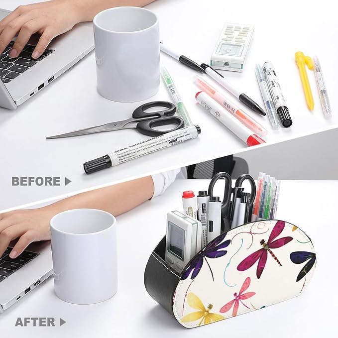 Colorful Dragonfly Remote Control Holder TV Remote Caddy with 5 Compartments PU Leather Storage Box Stylish Desk Organizer for TV/DVD/Accessories Desk Office Supplies Home
