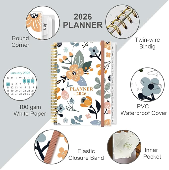 2026 Planner - Planner 2026 from January 2026 to December 2026 with 12 Monthly Tabs, Flexible Cover, Inner Pocket, 8.5" x 11", Rose Flowers