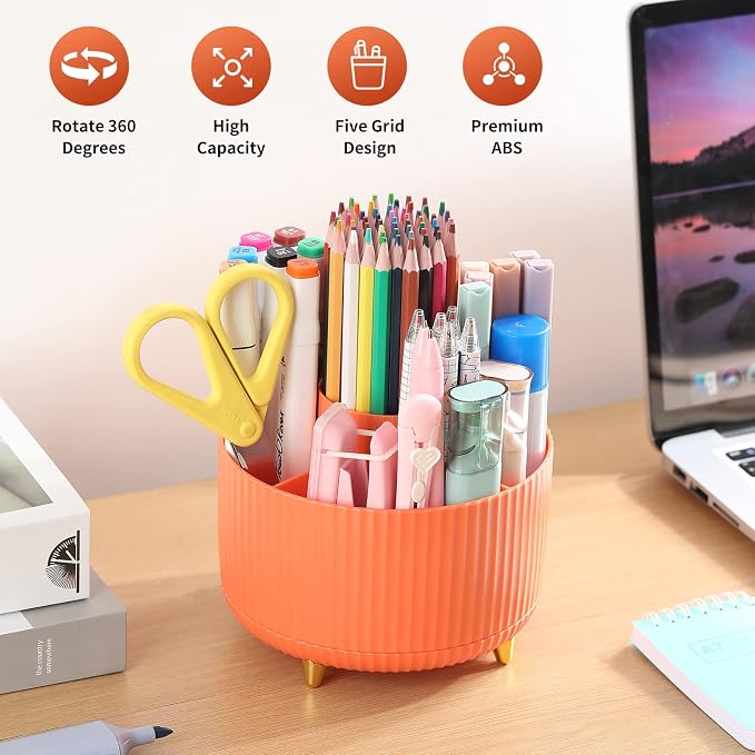 Desk Pencil Pen Holder, 5 Slots 360°Degree Rotating Pen Organizers for Desk, Desktop Storage Stationery Supplies Organizer, Cute Pencil Cup Pot for Office, School, Home, Art Supply, Orange