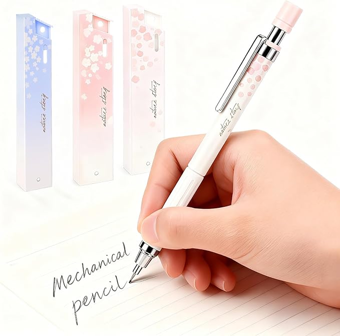 Cute Coquette Cherry Blossom Mechanical Pencils Set Include 3 Kawaii Mechanical Pencils,3 Tubes Mechanical Pencil Lead Refills,0.5mm Aesthetic Mechanical Pencil for School Office Writing Draft Drawing