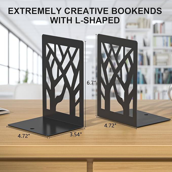 Bookends 4 Pieces, Tree Design Modern Metal Bookends for Shelves, Black Tree Book Ends Decorative Book Organizer for Desk, Decorative Shelve Book Stopper for Home Office