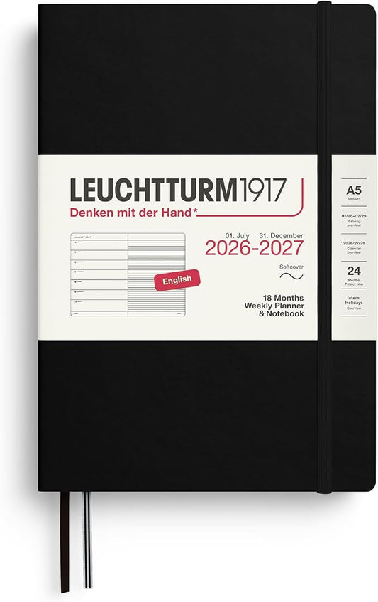 LEUCHTTURM1917 - Weekly Planner and Notebook Softcover Medium A5, 18-month, July 2026 - December 2027, English, Black