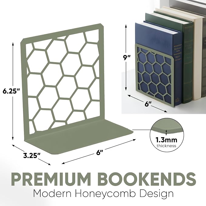 Sage Geometric Honeycomb Metal Bookends - Book Ends for Shelves - Decorative Modern Heavy Duty Bookend Stopper - Book Ends for Heavy Books - Home Office Book Holder - 2 Pair, 6x3.25x6.25 in