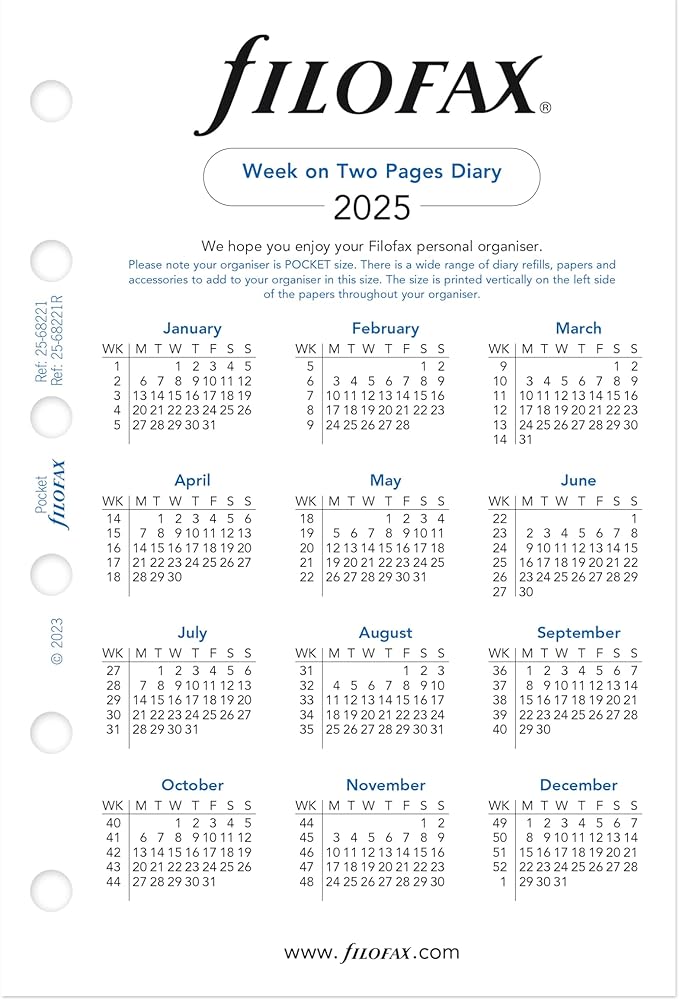 Filofax Calendar Diary Refill, Pocket Size, Week-to-View, White Paper, Unruled, English, 2025 (C68221-25)