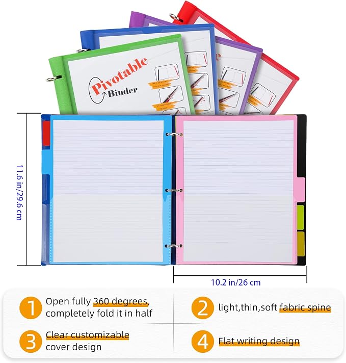 360° Pivotable Project Organizer Binder, 2 Pack Upgraded 3 Ring Binder with Colored Tab Dividers with Pockets, Customizable Cover Multi Pocket Folder Binder for Home, School, Office- Purple