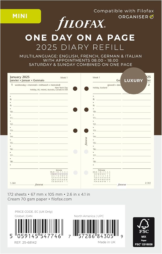 Filofax Calendar Diary Refill, Mini Size, Day on One Page with Appointments, Ruled, Cotton Cream Paper, Multilingual: Four Languages, 2025 (C68142-25)