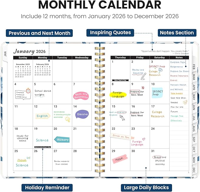 2026 Planner, Weekly and Monthly Planner for Women, January 2026 - December 2026, Hardcover 2026 Calendar Planner Book with Tabs, Inner Pocket, Spiral Bound, Perfect for Office Home School Supplies - A5 (6.3" x 8.5"), Blue Flower