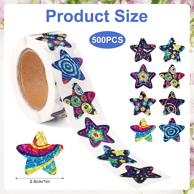 500pcs Small Star Stickers, 1 inch Self-Adhesive Colorful Sticker Cute Laser Space Star Printed Sticker Roll for Kids Teachers Reward Supplies Crafts
