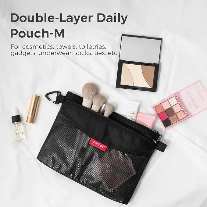pack all Double-layered Water-Resistant Zipper Pouch, Mesh Zipper Bags for Storage, Travel, Office & Home Organization (Black, Medium)