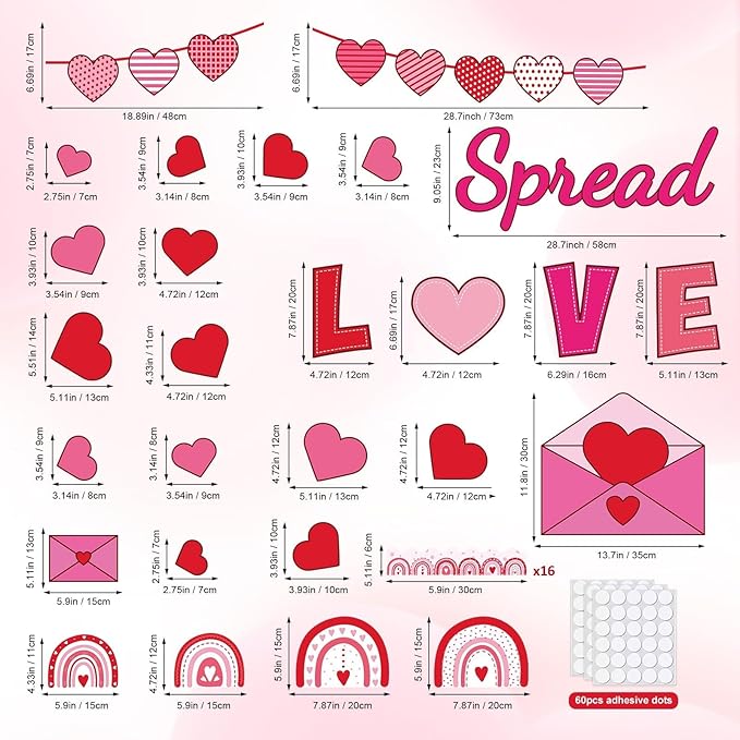 Spread Love Valentine's Day Bulletin Board Decorations Valentines Day Classroom Bulletin Board Border Rainbow Envelopes Red Pink Paper Heart Cutouts Valentines Party Supplies School Office Wall Decor