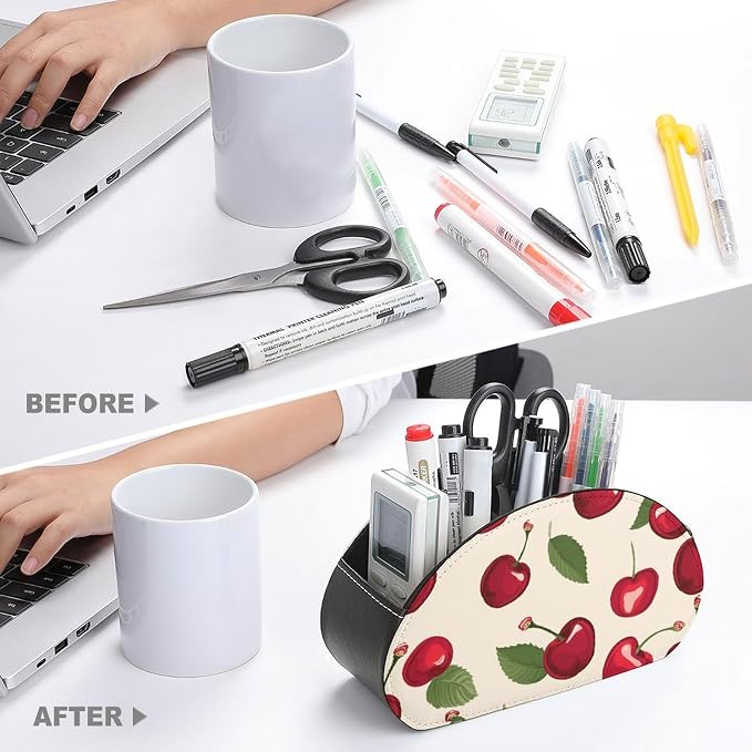 Red Cherry Pattern Remote Control Holder TV Remote Caddy with 5 Compartments PU Leather Storage Box Stylish Desk Organizer for TV/DVD/Accessories Desk Office Supplies Home