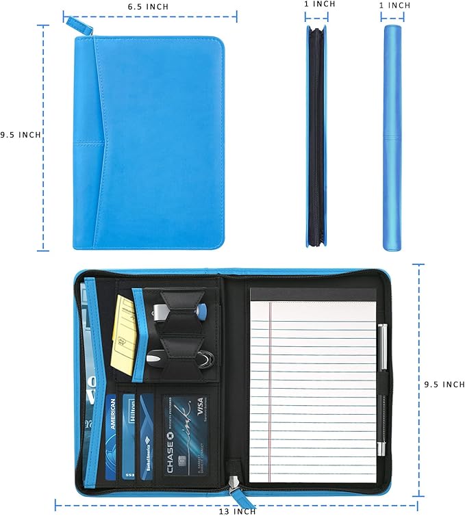 Junior Padfolio/Resume Portfolio Binder with Refillable Lined Notepad, A5 Padfolio Folder, Business Portfolio, Multi-Function Case, A5 Writing Pad Included,Blue.