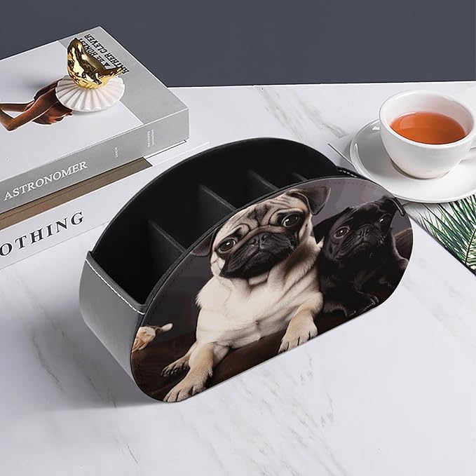 Pug Dogs Remote Control Organizer PU Leather Storage 5 Compartment Controller Holder Multi-functional Brush Organizer Box Office Supplies Caddy for Bedside