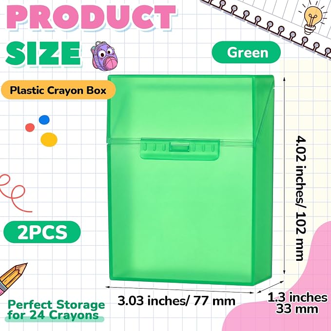 Clabby 2 Pcs Plastic Crayon Organizer Case for 24 Count Crayons Kids Art Supply Storage Box with Lid, Portable Holder for Classroom Home Travel, Fits Standard 24-Pack Crayon (Green)