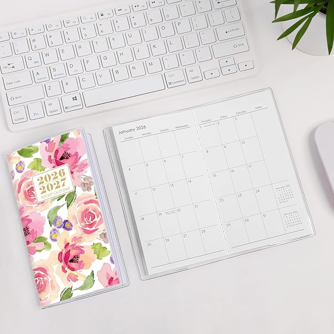 Pocket Calendar 2026-2027, Purse Monthly Planner 2026-2027 - 6.7" x 3.7" - Runs from Janury 2026 Until December 2027, Pocket Planner 2026-2027 with PVC Cover for Planning, Organizing and Office