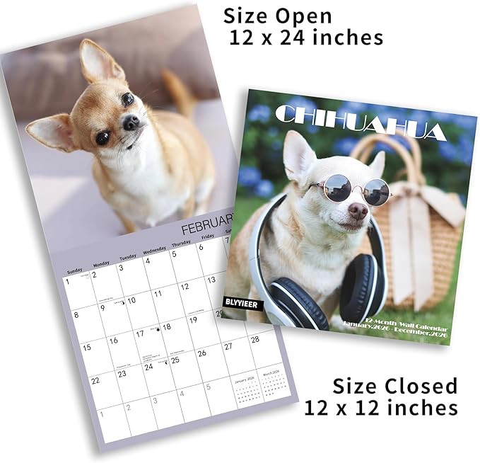 2026 Wall Calendar,Chihuahua Wall Calendar, 12" x 24" Open,Family Planner Calendar Organizer with Chihuahua Images, for Dogs Lovers