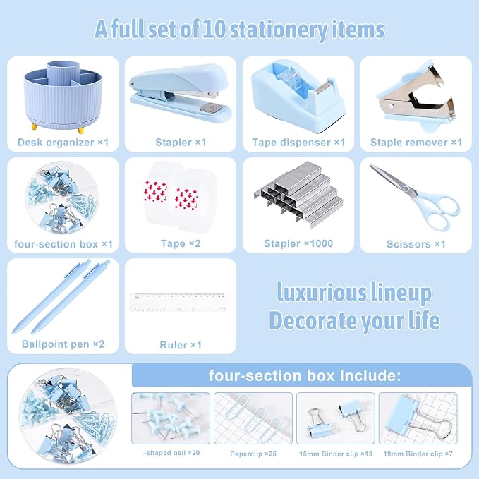 Gawsey Blue Desk Organizers and Accessories with Desk Organizer 360° Rotating Pen Holder and Office Supplies, Cute Stationery Supplies Set