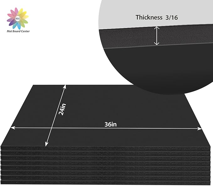 Mat Board Center Premium Black Foam Core Board - 24x36 Inches, 3/16" Thick - 10 Pack, Acid-Free - Ideal for Mounting, Crafts, Art, and Presentations