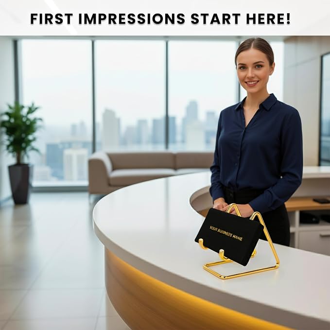 Gold Business Card Holder | Multipurpose Business Card Organizer & Gold Phone Stand for Desk | Metal Card Holder Desk Display Stand for Business Cards | Business Accessories for Tabletop