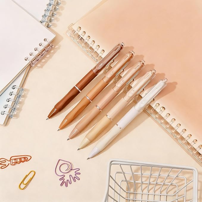 Temiary 5 Pcs Retractable Gel Pens, 0.5 mm Black Ink Fine Point Quick Dry Gel Ink Pen, Aesthetic Smooth Writing for School Office Journaling Note Taking and Sketching (Coffee)