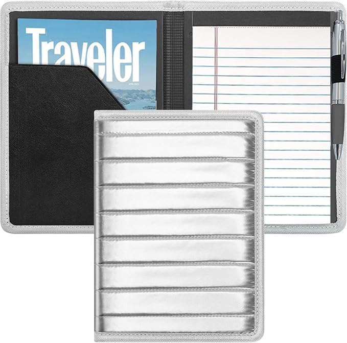 A5 Padfolio Business Portfolio Folder,Junior Size Document Folder Organizer, Padfolio with Interior Pocket and Pen Loop, 5 x 8 Writing Pad Included. Silver