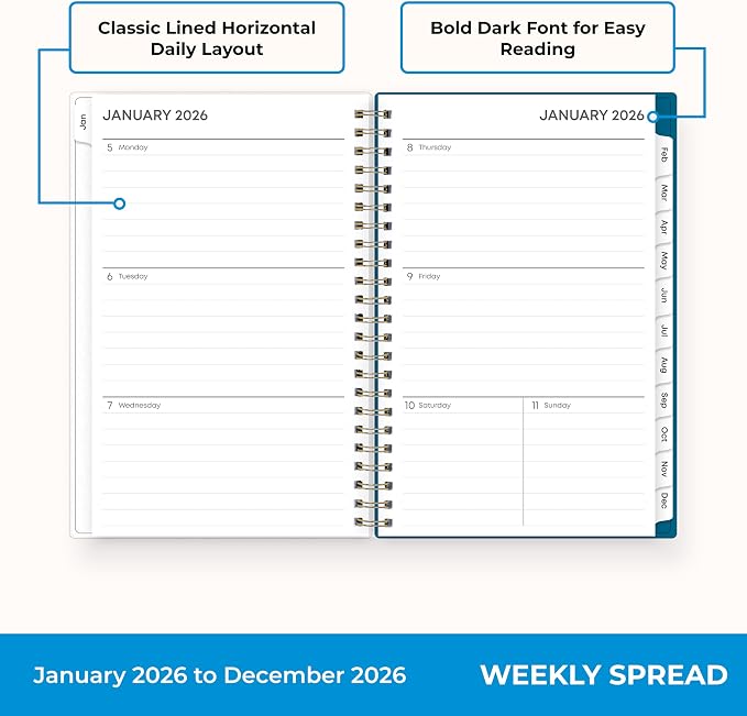 Blue Sky 2026 Weekly and Monthly Planner Calendar, January 2026 - December 2026, 5" x 8", Flexible Frosted Cover, Laminated Tabs, Durable Twin Wire Binding, Bakah Blue