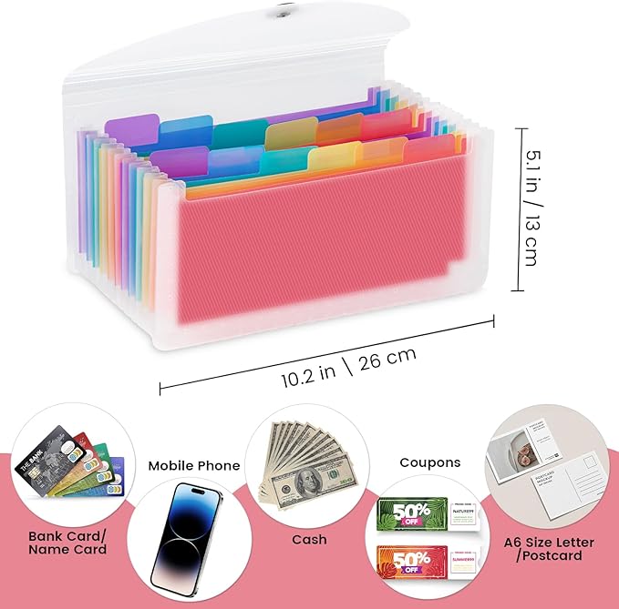 13 Pocket A6 Receipt Organizer, 2 Pack Small Accordion File Organizer, Coupon Organizer with Labels - Clear and Black