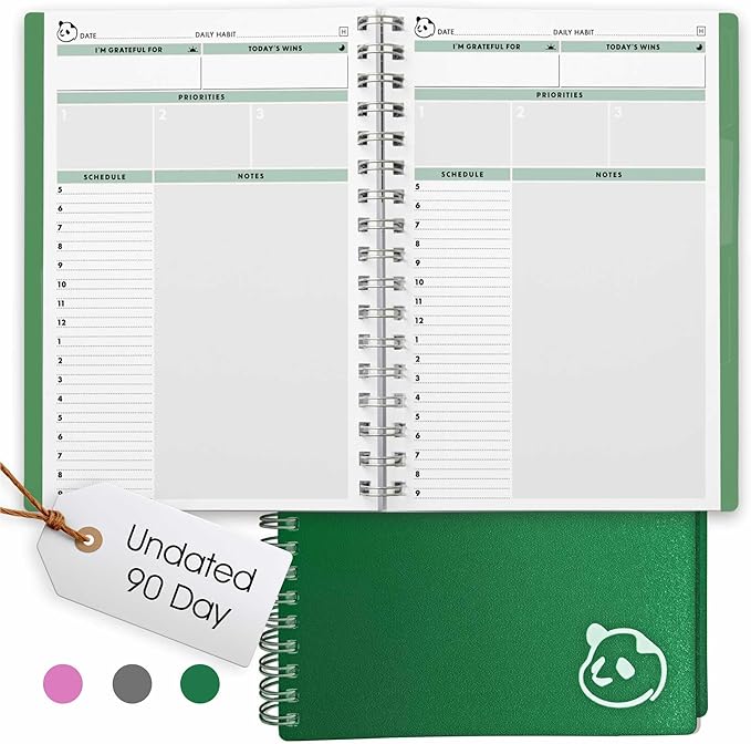Panda Planner 2026 Undated Daily Planner 5.75" x 8.25" – 90-Day Spiral Productivity & ADHD Planner with Hourly Schedule, Habit Tracker, To-Do List & Monthly Calendar – Panda Journal for Home & Office (Green)