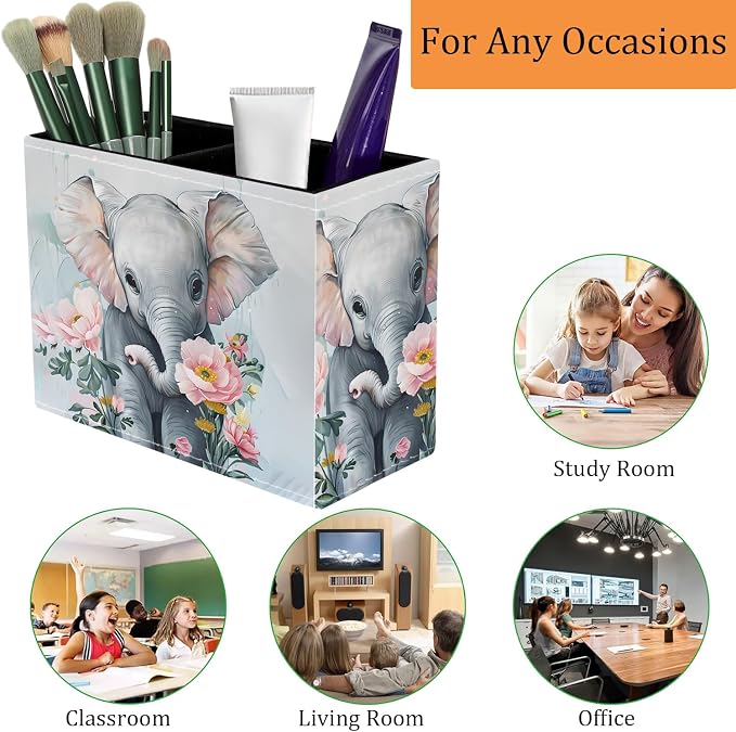Pen Holder for Desk, PU Leather Multifunctional Desktop Storage Box and Anti-Slip Mouse Pad Set, Makeup Brush Holder Pen Organizer for Office and Home - Little Elephant Flower