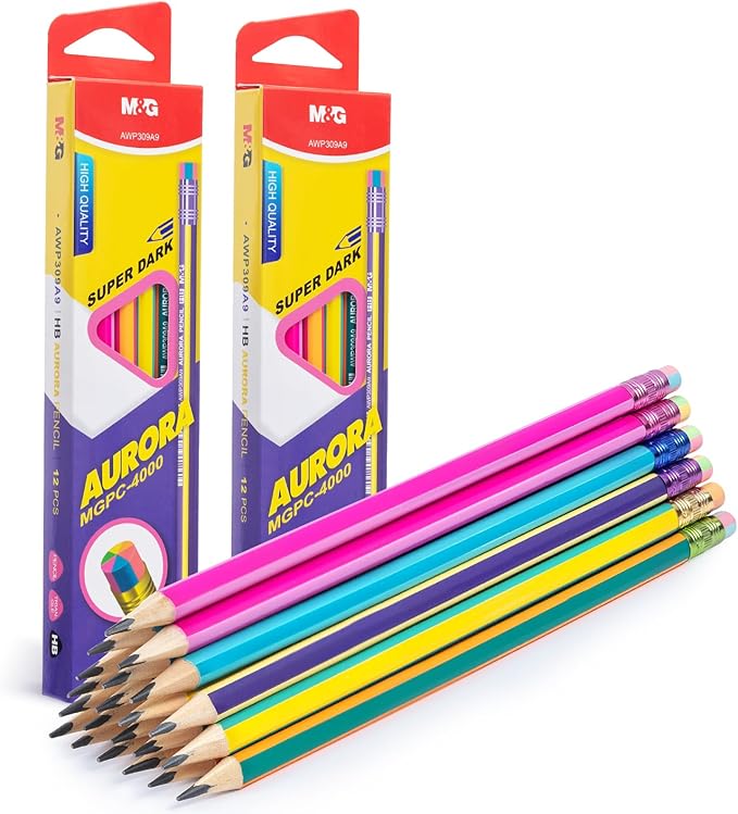 M&G Aurora Series 24 Pack HB Triangular Wood-Cased Pencils, Unsharpened with Erasers, Smooth Writing Break-Resistant Core, 6 Two-Tone Striped Colors for School Office Classroom Supplies