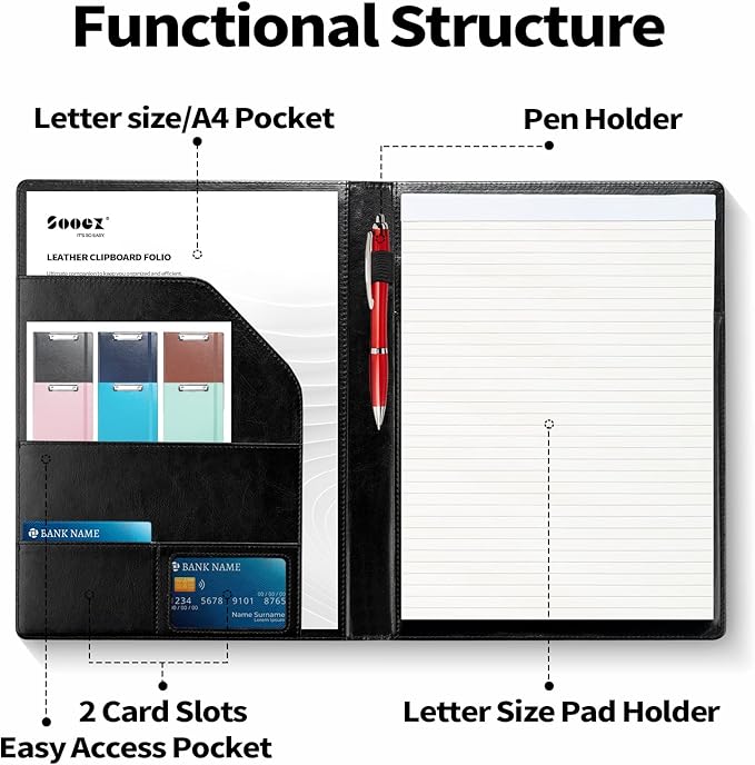 Sooez Padfolio Clipboard, Portfolio Organizer with Notepad, Premium PU Leather Clipboard Folder for Legal Pad, Versatile Clipfolio with Storage, Letter Size Document Holder for School Office, Sky Blue