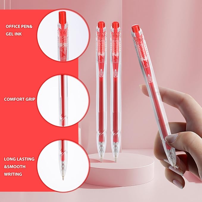 WY WENYUAN 12 Pcs Red Gel Pens, 1.0mm Bold Point Quick Drying Gel Ink Pens, Retractable Ballpoint Pens for Smooth Writing, Ideal for School, Office, Journaling, Note Taking and Correction
