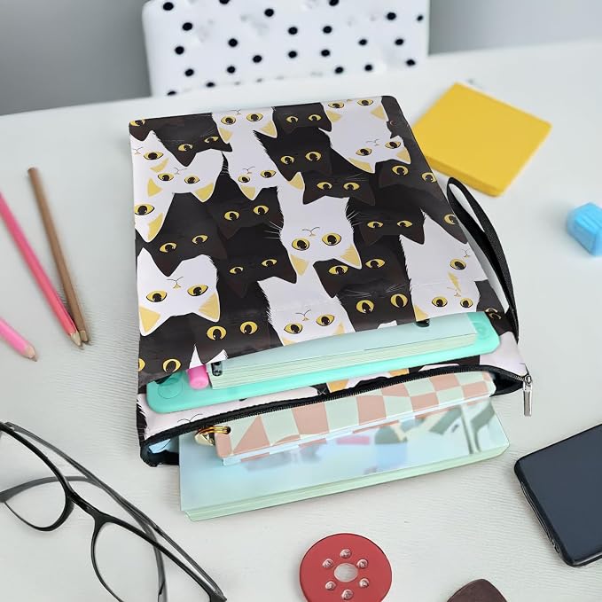 I'm Fine Everything is Fine Book Cover, Waterproof Book Sleeve with Zippered Front Pocket Cat Book Pouch for Book Lovers, Christmas, Birthday, Graduation Gifts (Black-cat, Large)