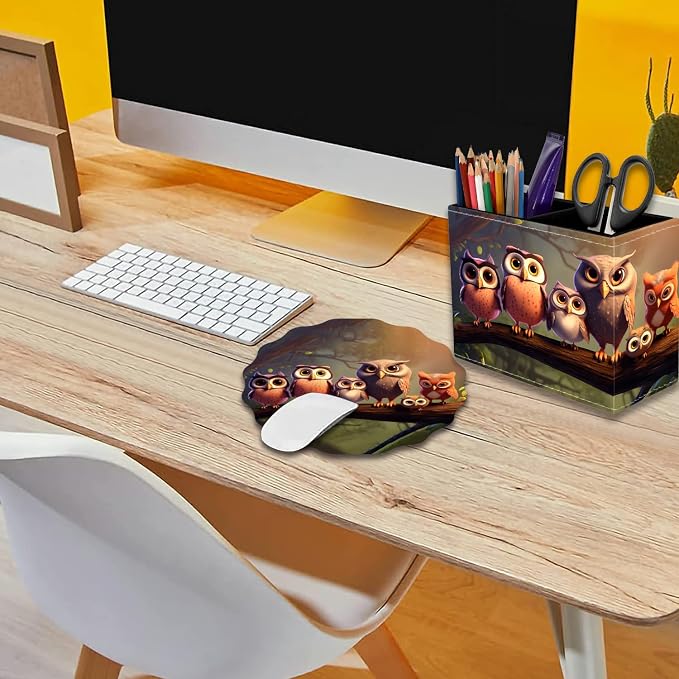 Pen Holder for Desk, PU Leather Multifunctional Desktop Storage Box and Anti-Slip Mouse Pad Set, Makeup Brush Holder Pen Organizer for Office and Home - Cute Owl