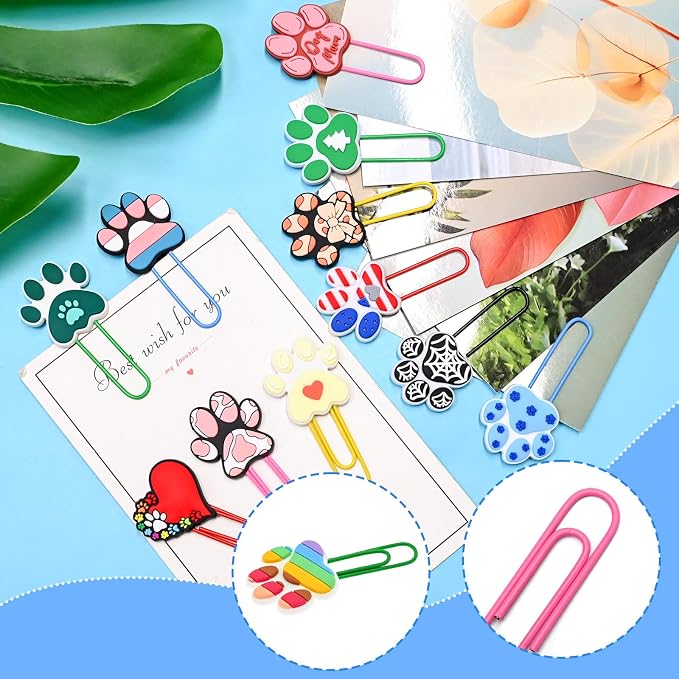 Cute Paper Clips,30Pcs Cute Paw Print Bookmark Paperclip Bulk Metal Colorful Planner Clip Charm Clamp Cat Dog Paw Print Desk Accessories Stationery Office Supplies gift for Student Teacher Party Decor