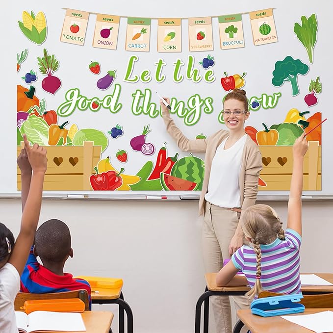 Farmer Market Bulletin Board Set Vegetable and Fruits Classroom Decoration Let The Good Things Grow Vegetable Bulletin Board Veggie Market Paper Cutouts for Back to School Chalkboard Wall Decor