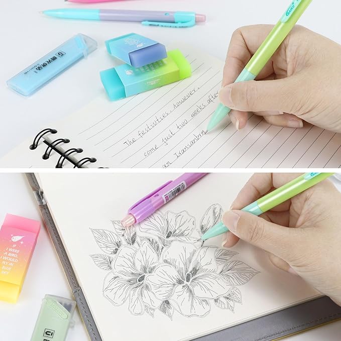 Buqoo Mechanical Pencil Set, 5PCS 0.5mm Cute Pastel Mechanical Pencils, 3 Candy Jelly Gradient Eraser with 80PCS HB 0.5 Lead Refill and Zipper Bag Pencil Kit for Art, Drawing Pencils for Sketching