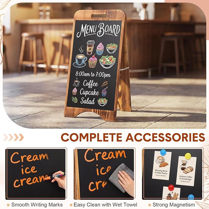 A Frame Chalkboard Sign Sandwich Magnetic Chalkboard Double Sided Sidewalk Signs with Markers Foldable Blackboard Menu Display for Weddings Restaurant Business(Burnt Brown,15 x 30 Inches)