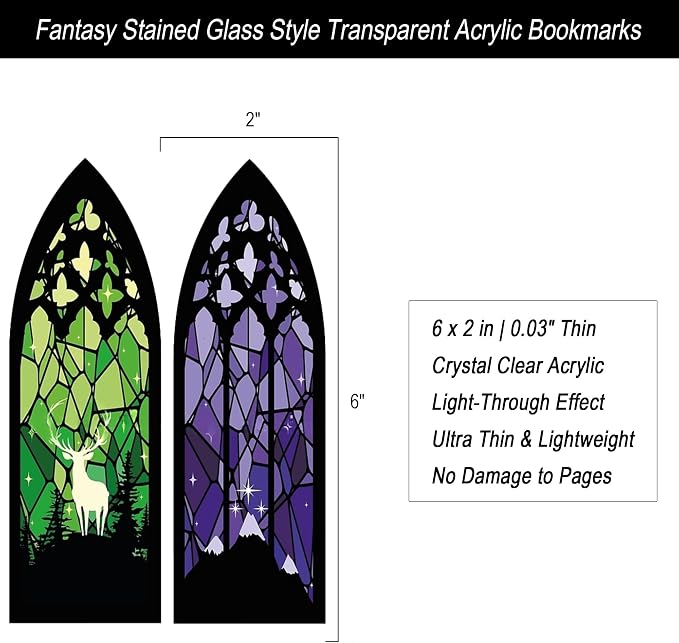 VEILUNE Stained Glass Style Acrylic Bookmarks Set of 2 Fantasy Inspired Transparent Bookmarks Featuring Stag of the Spring Court and Twilight Court Designs