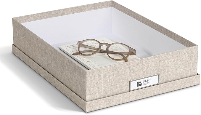 Bigso Oskar Fiberboard Label Frame Document Letter Box for Important Paperwork A4 or Letter Size - Durable Keepsake Box with Lid and Metal Label Holder - 3.3in x 10.2in x 13.8in - Melange Beige