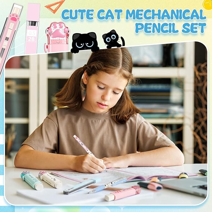 11 Pcs Black Cat Mechanical Pencil Set, 4 Mechanical Pencils 0.5mm, with 4 2B Lead Refills and 3/5 Erasers Christmas Stocking Stuffers for Women Cats Lovers Gifts (Cat)