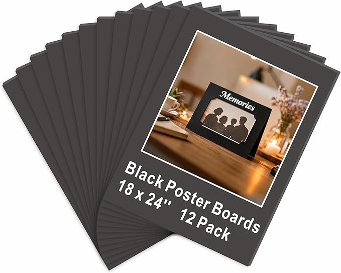 Black Poster Board 18 x 24 in, ZXUNLIEH 12 Pack Foam Poster Board, Foam Core Sheets, Double Sided Puzzle Board, Vision Board for Crafts, Frame, Signage, School Projects, Displays & Events