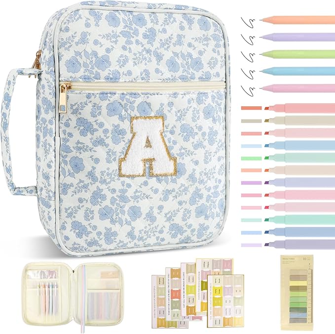 Personalized Initial Bible Cover Case for Women Girls Kid - Large Quilted Bible Case with Handle, Stylish Chenille Letter Bag Study Supplies, Perfect Christmas Gifts for Christians (Blue Flower-A)